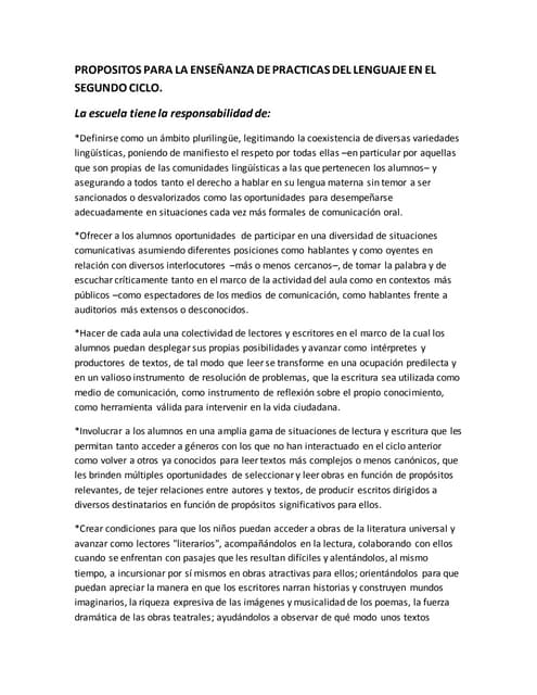 Propósitos para la enseñanza de practicas del lenguaje en el segundo ciclo