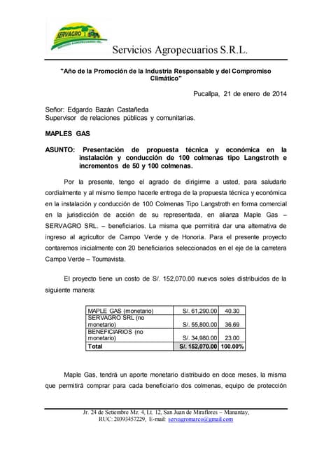 Propuesta técnica 100 colmenas maple gas