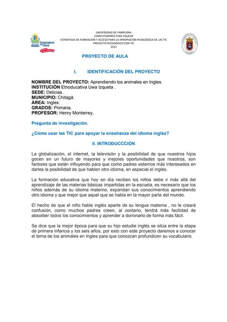 Proyecto de aula  IE Uwa Izqueta Sede Delicias