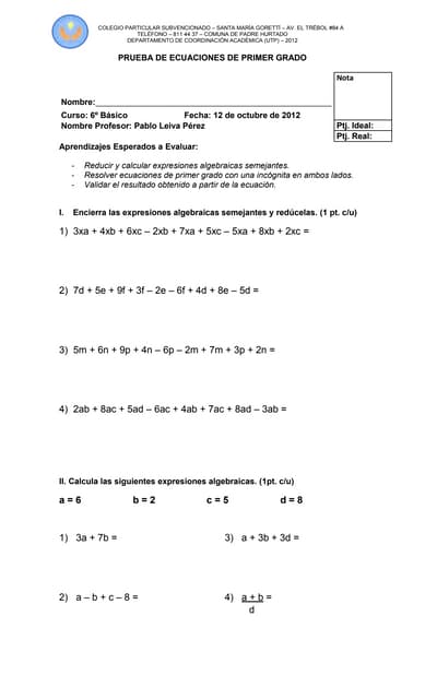 Prueba de ecuaciones de primer grado