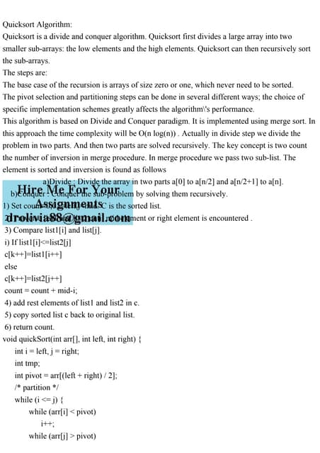 Quicksort AlgorithmQuicksort is a divide and conquer algorithm. Q.pdf