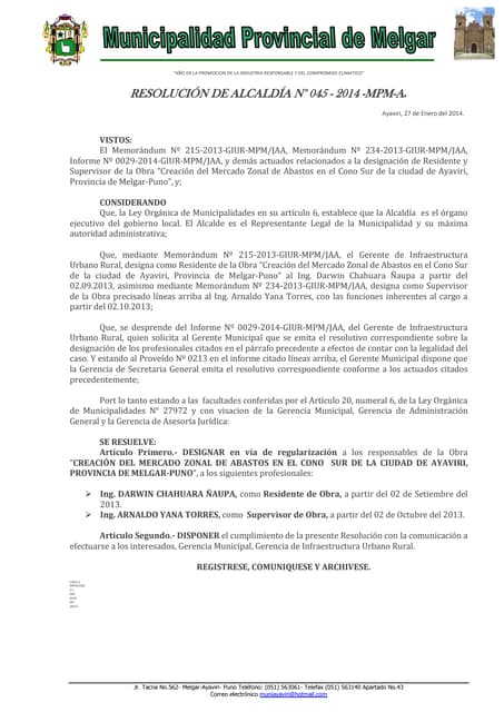 R.a. no.45 residente y supervisor obra mercdo de abstos pueblo libre