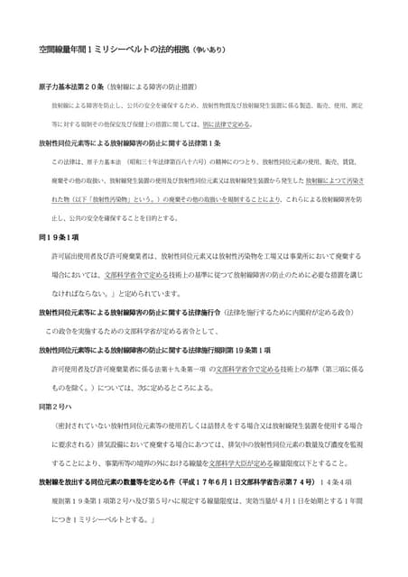 空間線量年間１ミリシーベルトの法的根拠（争いあり）