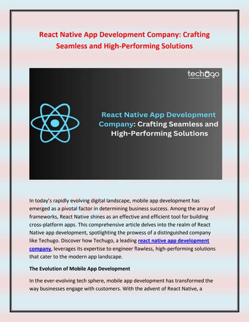 React Native App Development Company- Crafting Seamless and High-Performing S...