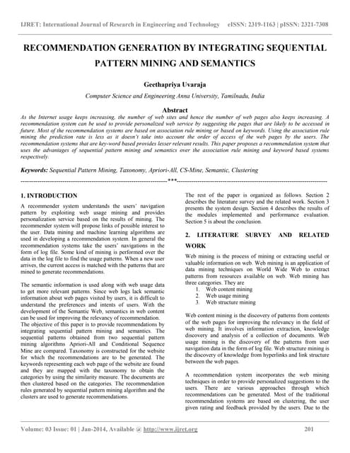 Recommendation generation by integrating sequential pattern mining and semantics