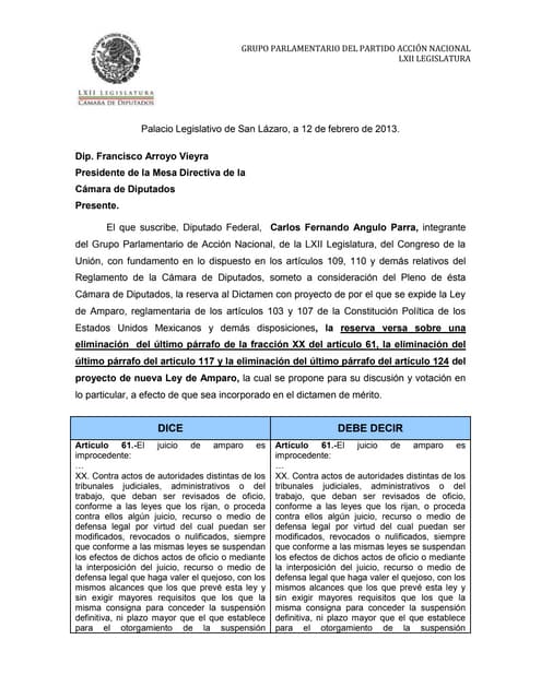 Reservas a la Ley de Amparo hechas por el Dip. Carlos Angulo