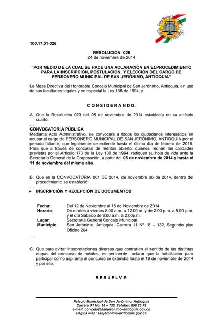 Resolución 026  aclaración resolución de apertura del proceso de convocatoria.