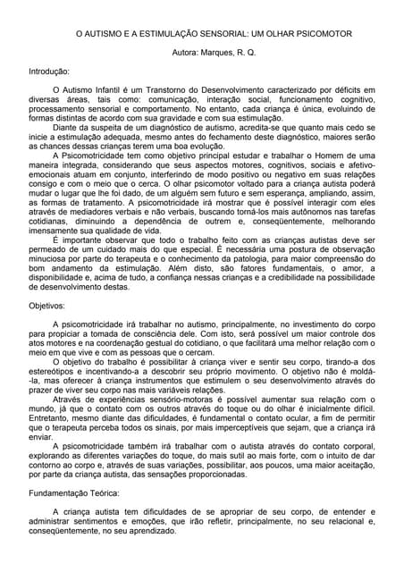 O AUTISMO E A ESTIMULAÇÃO SENSORIAL: UM OLHAR PSICOMOTOR