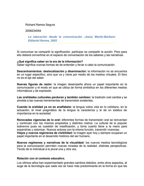 La educación desde la comunicación -Jesús Martín-Barbero- Editorial Norma, 2002
