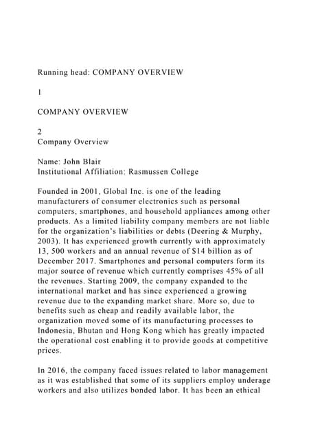 Running head COMPANY OVERVIEW1COMPANY OVERVIEW2Co.docx