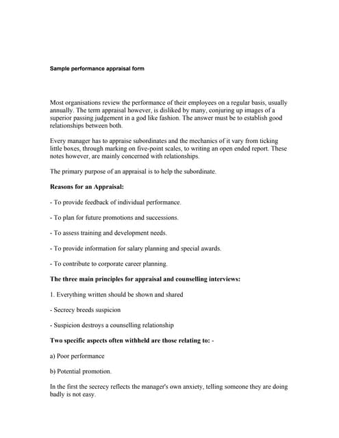 Sample performance appraisal form