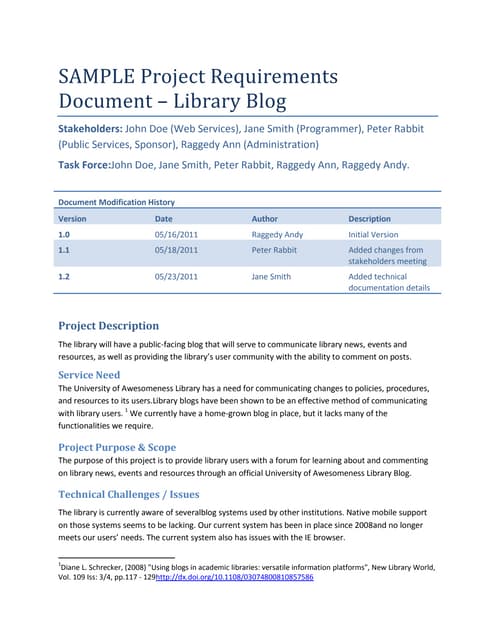 Sample Project Requirements Document – Library Blog