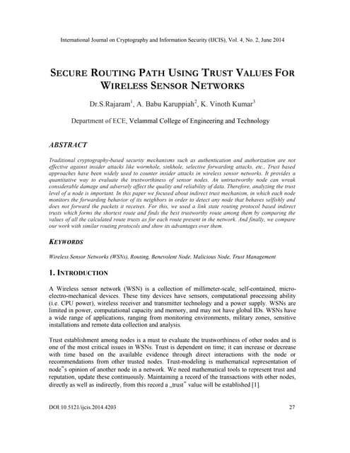 Secure routing path using trust values for