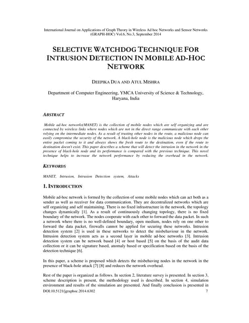 Selective watchdog technique for intrusion detection in mobile ad hoc network
