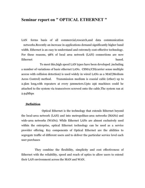 Seminar report of optical ethernet