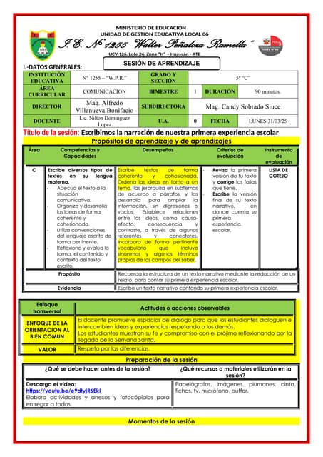 SESION LUNES 31 COM.   ESCRIBIMOS LA NARRACIÓN DE NUESTRA PRIMERA EXPERIENCIA...