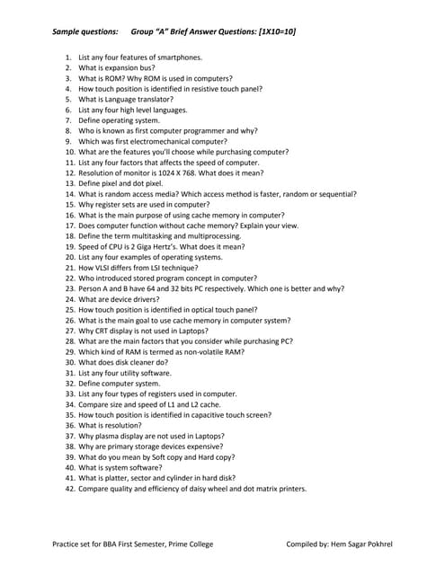 Short Questions Collections | BBA First Semester