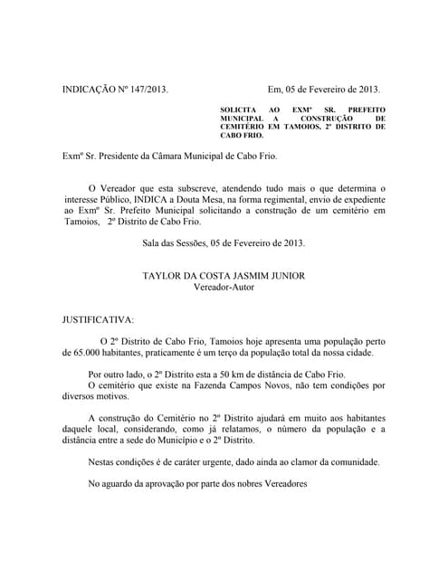 Solicita  a construção de cemitério em tamoios, 2º distrito de cabo frio