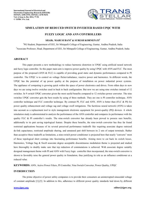 SIMULATION OF REDUCED SWITCH INVERTER BASED UPQC WITH FUZZY LOGIC AND ANN CON...