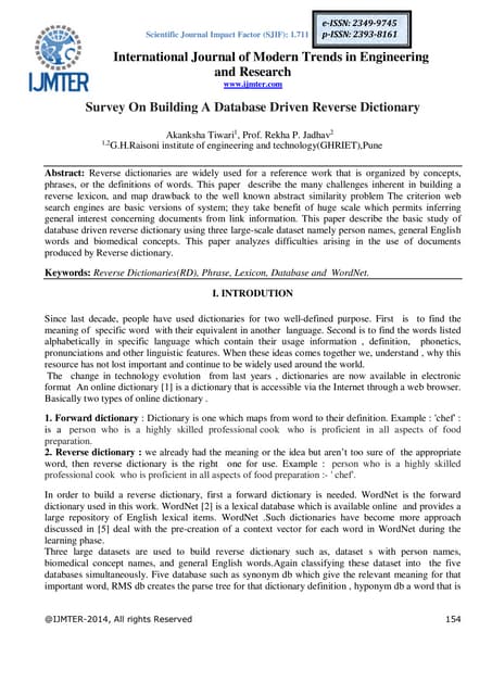 Survey On Building A Database Driven Reverse Dictionary