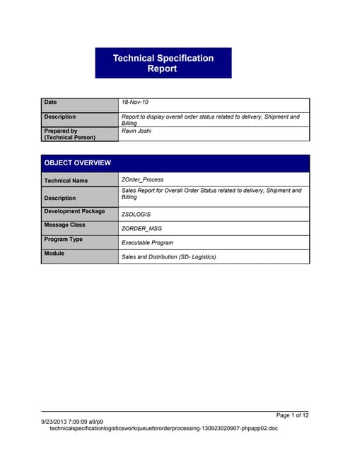 Technical specification : SD(Logistics)_Order_Processing