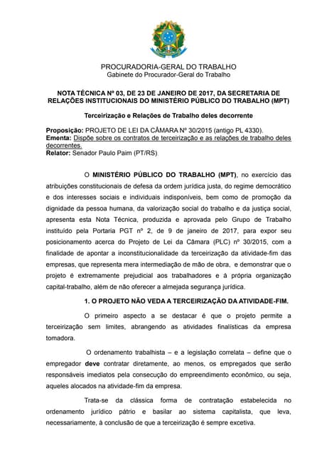 Nota Técnica do MPT sobre o Projeto de Lei da Terceirização