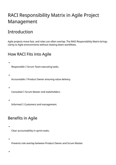 RACI Responsibility Matrix in Agile Project Management