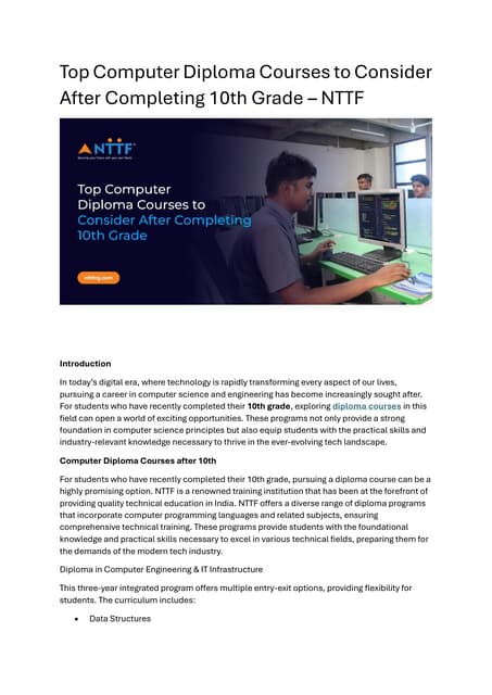 Top Computer Diploma Courses to Consider After Completing 10th Grade – NTTF 2...