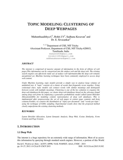 Topic Modeling : Clustering of Deep Webpages