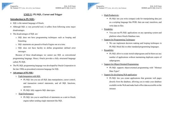 B.Sc. II (IV Sem) RDBMS & PL/SQL Unit-5 PL/SQL, Cursor and Trigger