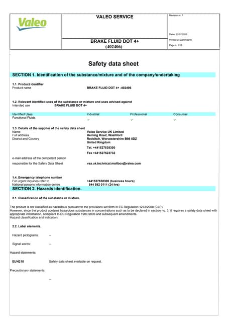 Valeo Braking Systems Brake Fluid DOT 4+ material safety data sheet 402406
