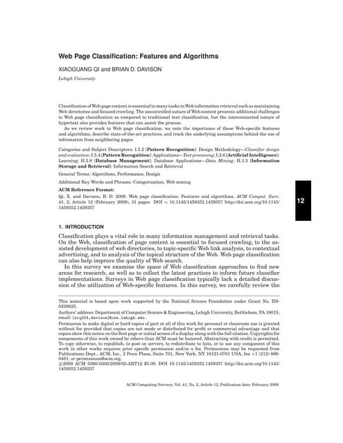Web page classification features and algorithms