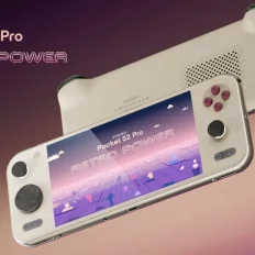 AYANEO Pocket S2 Pro handheld gaming console showcasing retro power design.