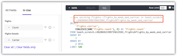 “探索”的“SQL”标签页，其中显示了底层 SQL 和注释，该注释指定了所用汇总表的临时架构。
