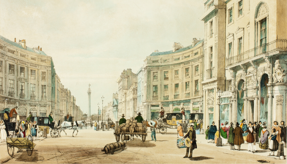 Regent Street Looking Towards the Duke of York’s Column, plate twelve from Original Views of London as It Is by Thomas Shotter Boys is marked with CC0 1.0