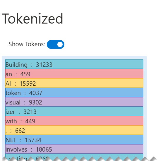 Show tokens toggled on shows the broken out tokens in a list, showing each individual token - e.g. building : 31233, an : 459, AI : 15592