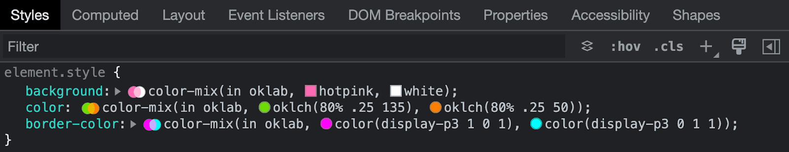 Chrome DevTools проверяет синтаксис смешивания цветов.