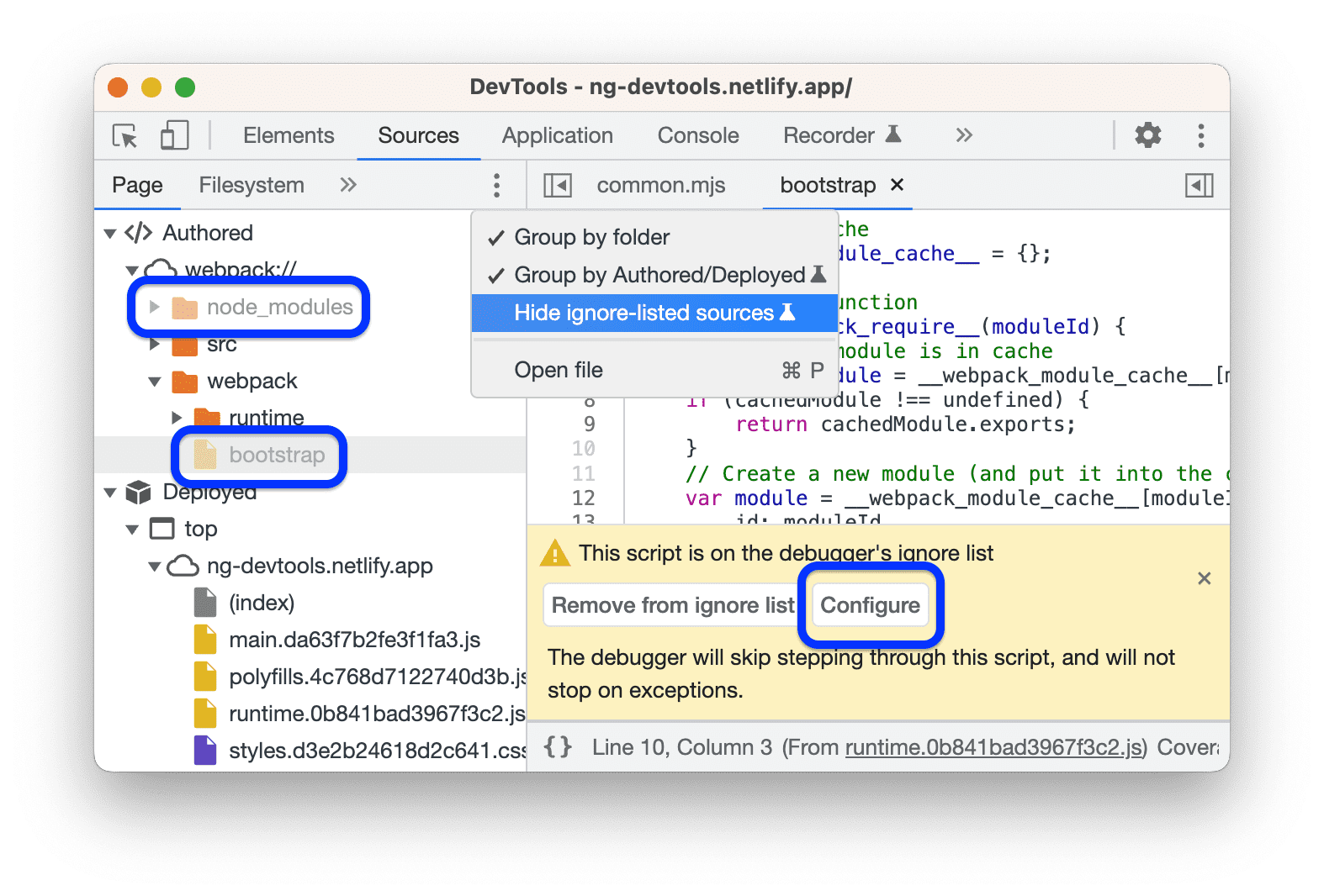 Auf der Ignorieren-Liste stehende Scripts und Ordner werden grau dargestellt. Sie können sie mit einer experimentellen Option im Drop-down-Menü „Weitere Optionen“ ausblenden.
