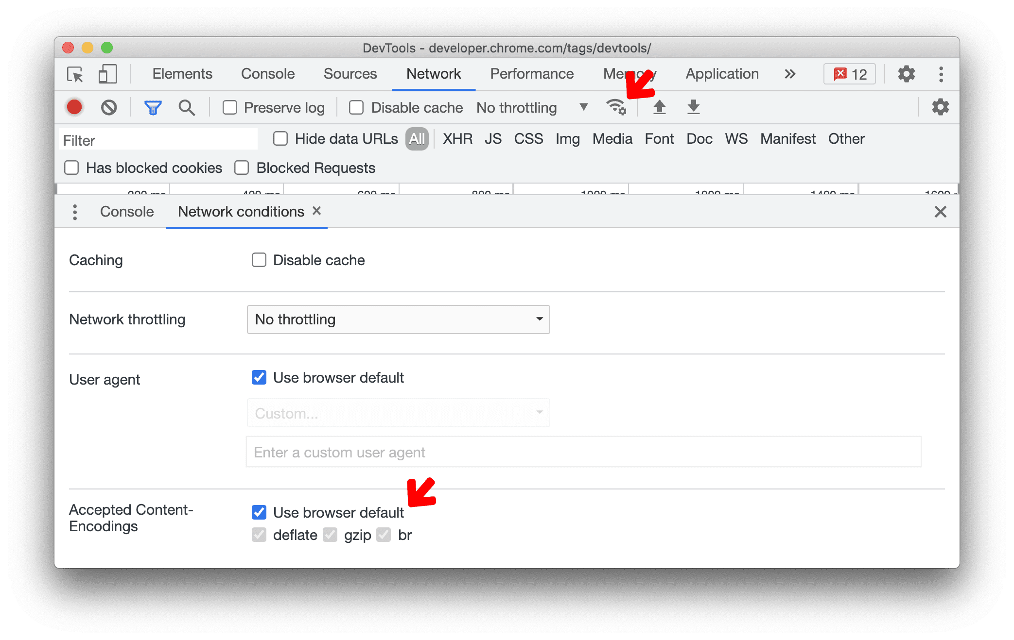 Nieuwe netwerkvoorwaardenknop met opties om Content-Encoding te configureren