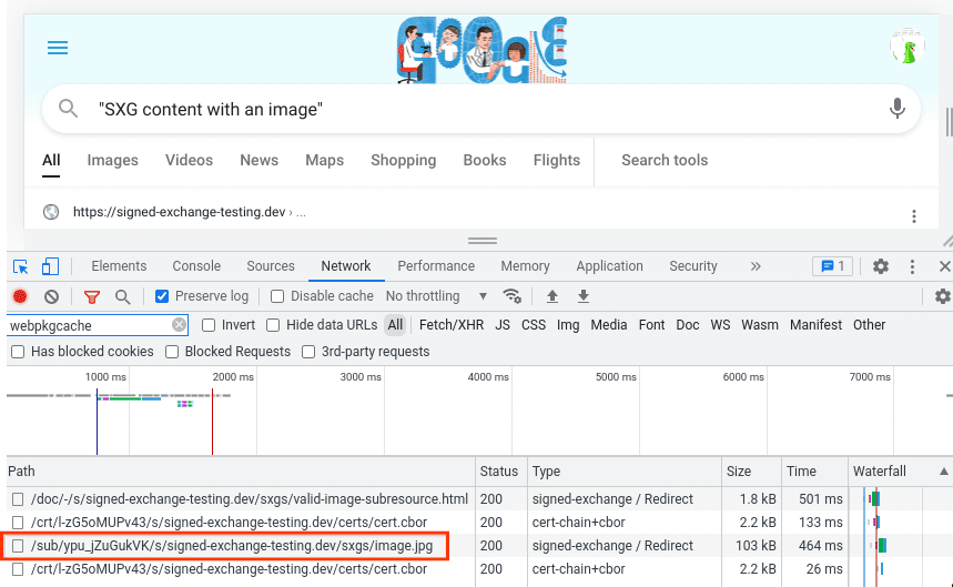 Kết quả tìm kiếm trên Google có thẻ Mạng trong DevTools, cho thấy nội dung tìm nạp trước của /sub/…/image.jpg