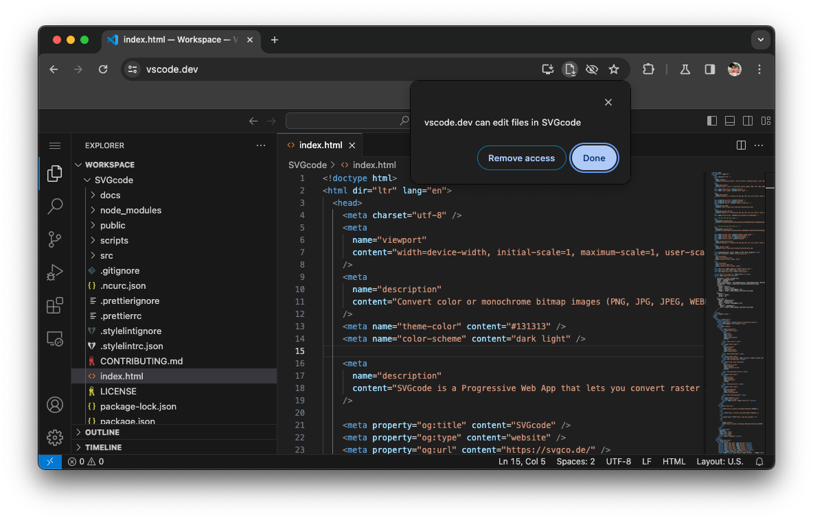주소 표시줄 아이콘 메시지가 표시된 Visual Studio Code