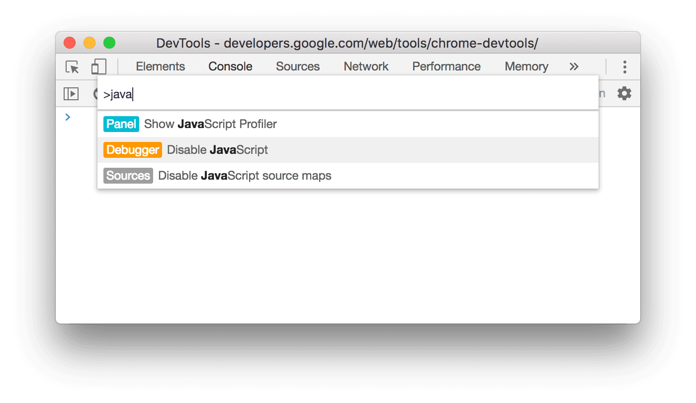 Wählen Sie im Befehlsmenü „JavaScript deaktivieren“ aus.