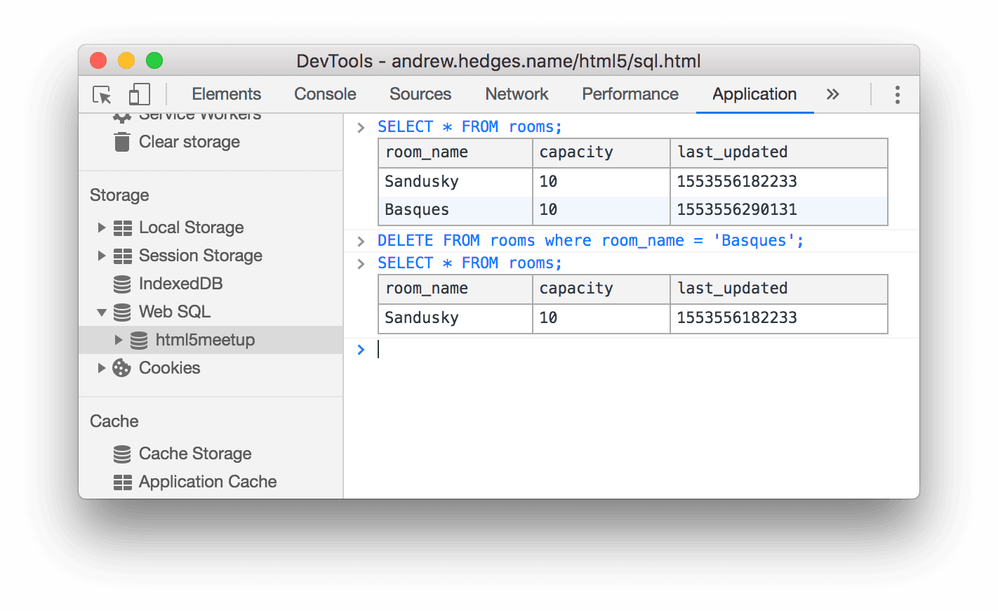 使用 Web SQL 控制台刪除資料表中的資料列。