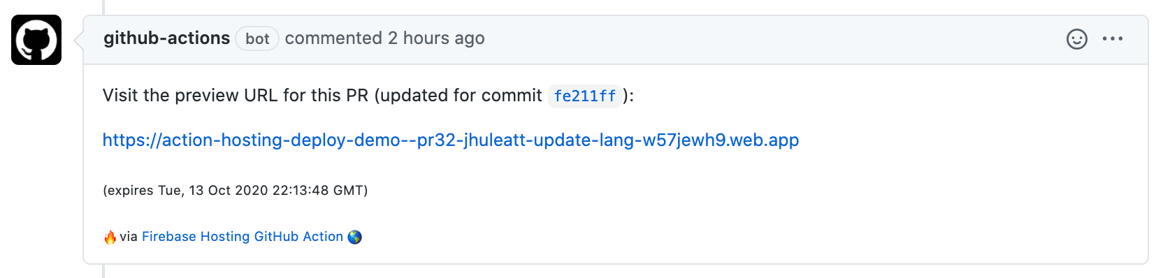 صورة لتعليق بشأن طلب إعادة النظر في GitHub Action مع عنوان URL لمعاينة