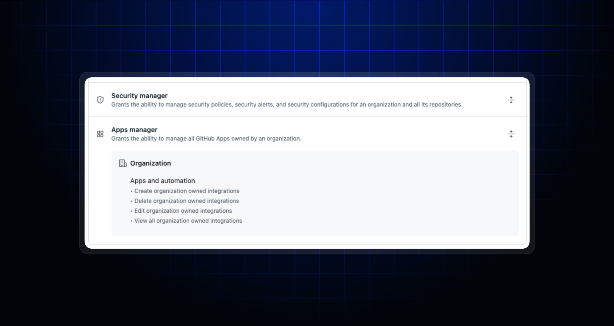 A screenshot of the new app manager role in the organization settings UI, showing that the role is made of four permissions: create, view, edit, and delete GitHub Apps