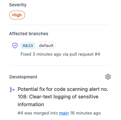 The new development section on the code scanning alert page
