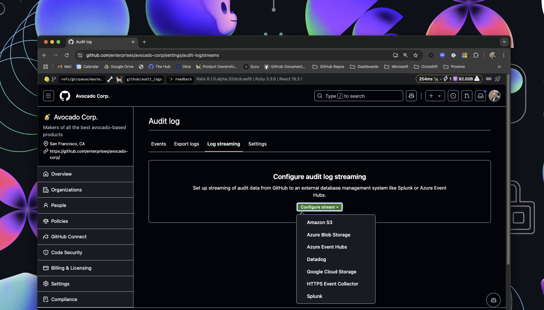 Configure audit log streaming to a HTTPS Event Collector in the log streaming settings page for your Enterprise audit log