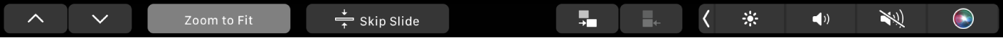 Rodomi programai „Keynote“ pritaikytos „Touch Bar“ rodyklių mygtukai, dydžio keitimo pagal langą mygtukas, skaidrės įtraukos mygtukas ir atvirkštinės skaidrės įtraukos mygtukas.
