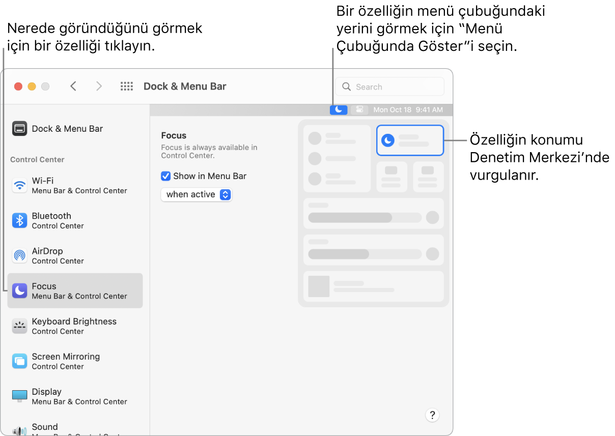 Dock ve Menü Çubuğu tercihleri penceresi.