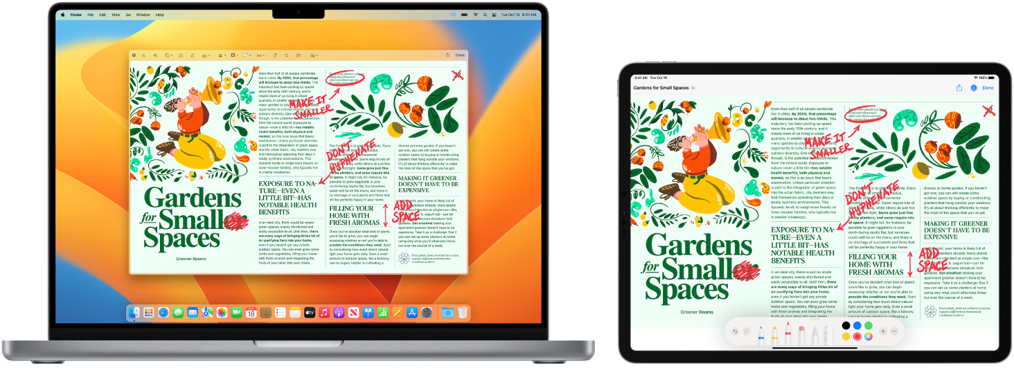 En MacBook Pro och en iPad sida vid sida. Båda skärmarna visar en artikel som är täckt av röda handskrivna redigeringsanteckningar, till exempel överstrukna meningar, pilar och kompletterande ord. Det finns även märkningsreglage längst ned på iPad-skärmen.